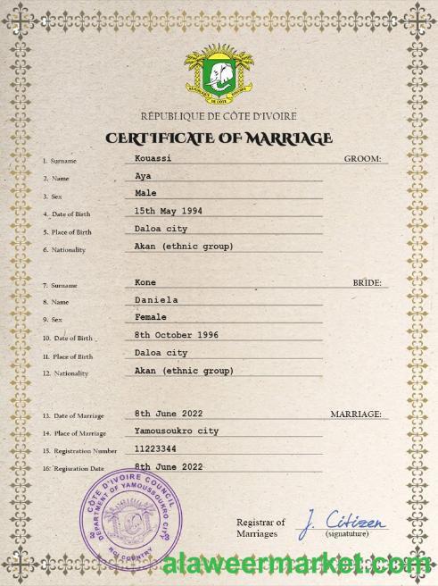 Côte d’Ivoire marriage certificate PSD template